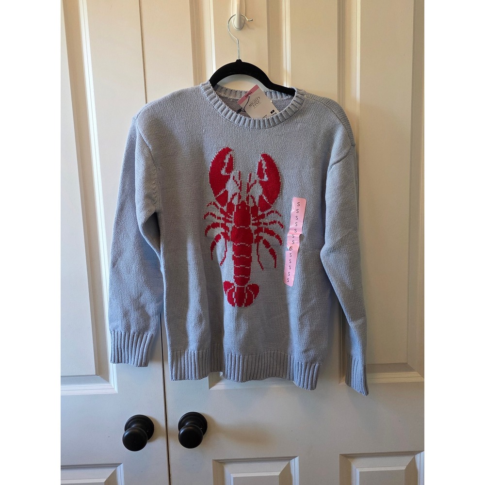 Mighty Fine Womens Lobster Graphic Knit Sweater Light Blue Small NWT